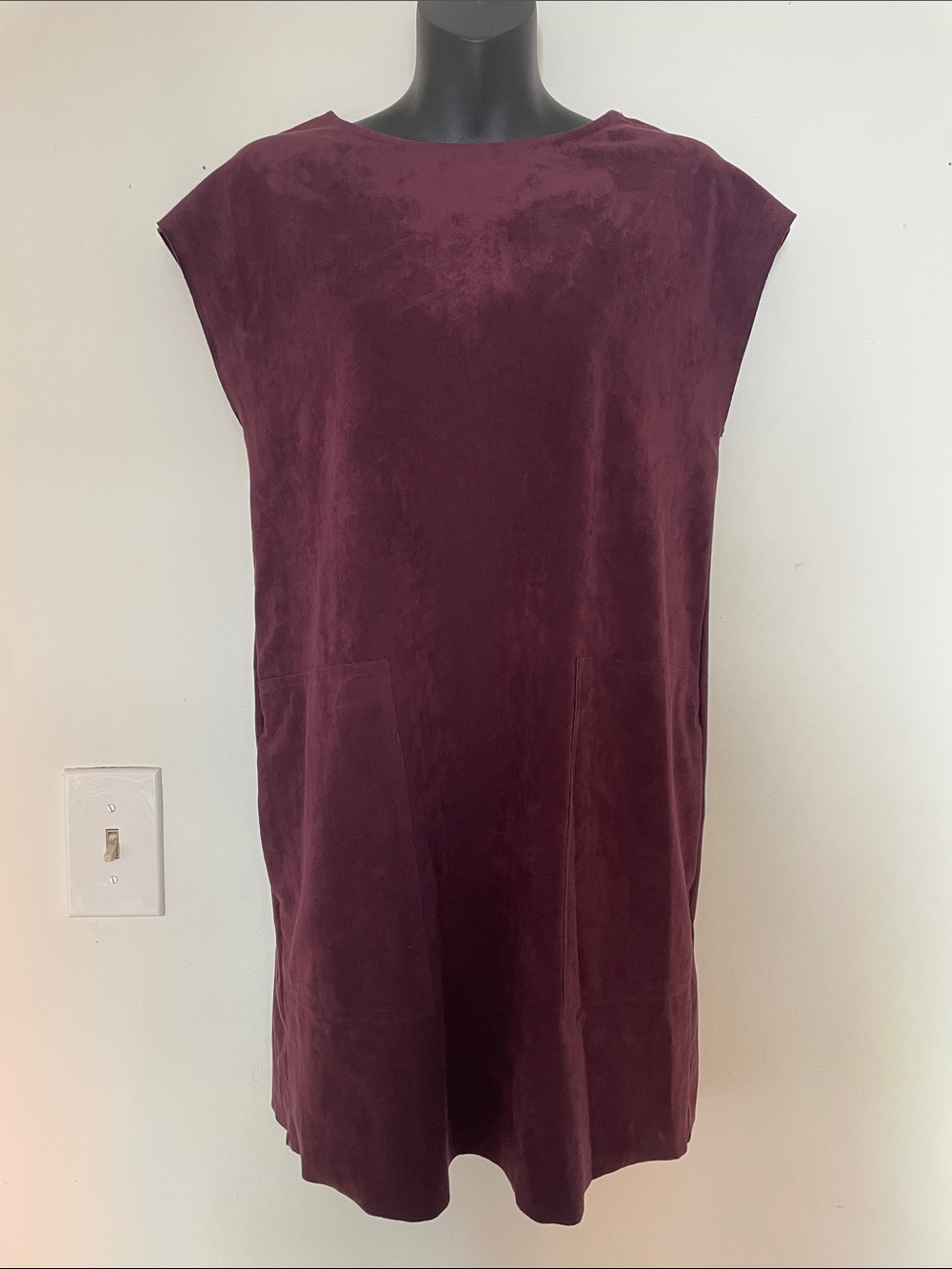 Sleeveless Faux Suede Sack Dress in Deep Burgundy